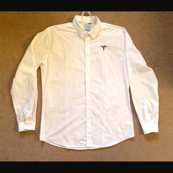 TESLA - Men's Size XL White Button Up Long Sleeve Collared Dress Shirt Logo - Picture 8 of 10